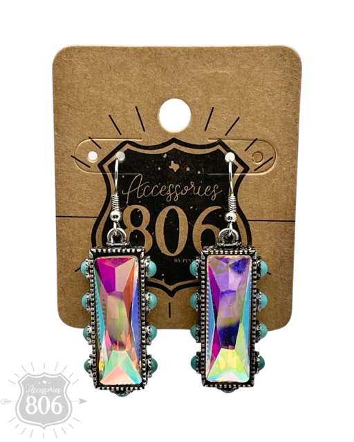 Rectangle Rhinestone Turquoise Bead Earrings